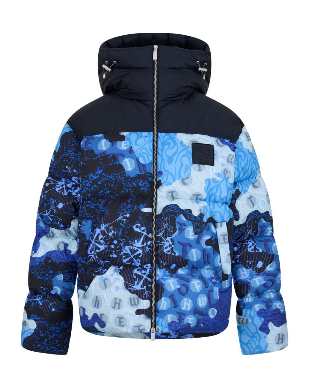 Off-White c/o Virgil Abloh Blue Tone Graffiti Print Cropped Hooded Down Jacket for men