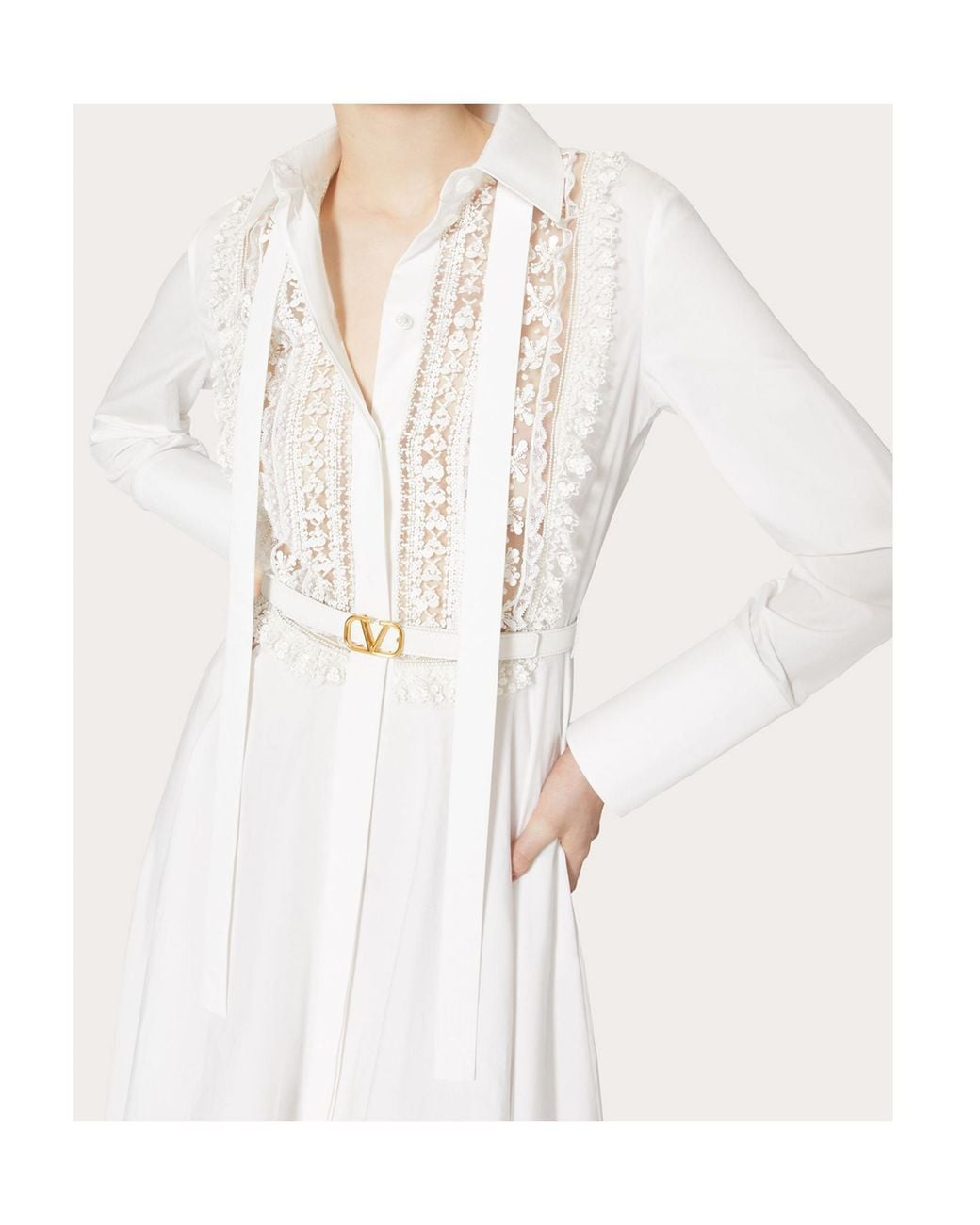 Valentino White Floral-Lace Detail Shirt Dress
