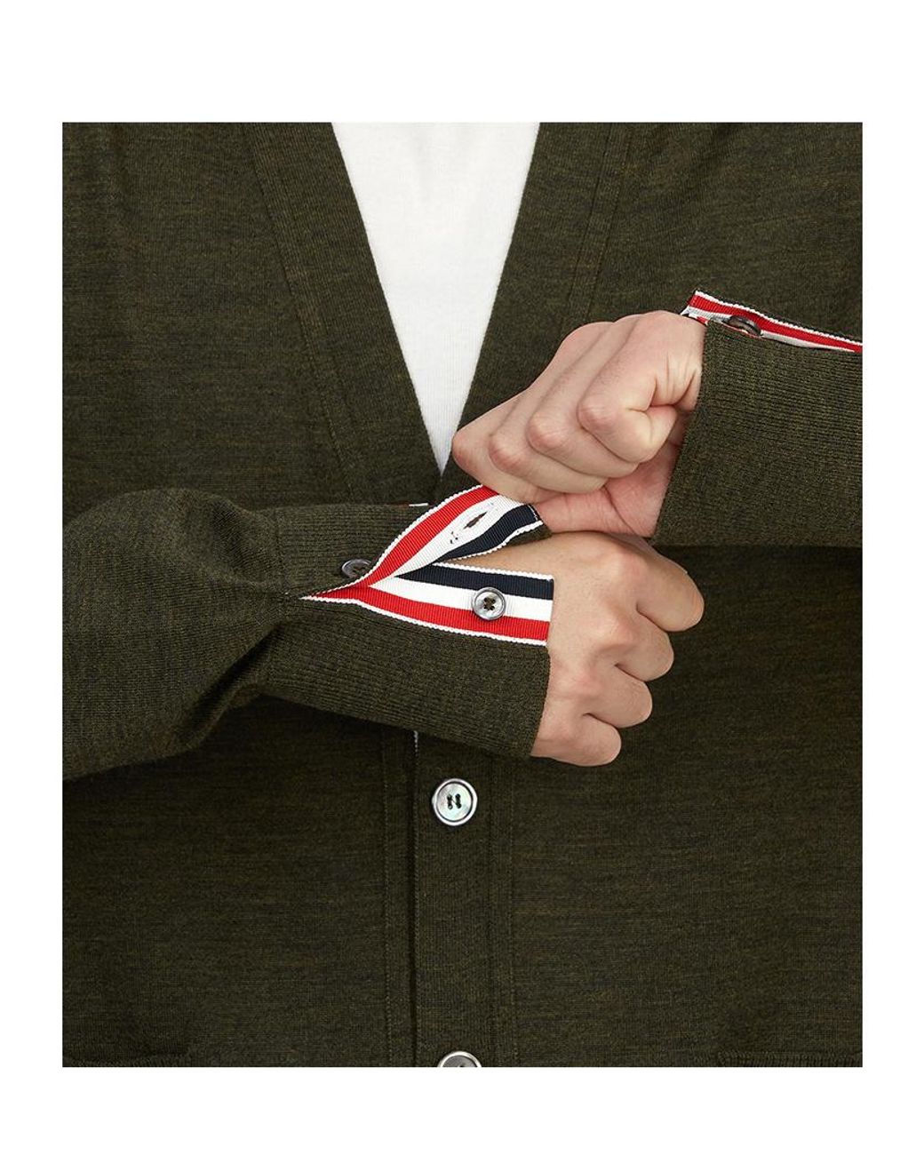 Thom Browne Green 4-Bar V-Neck Buttoned Cardigan for men