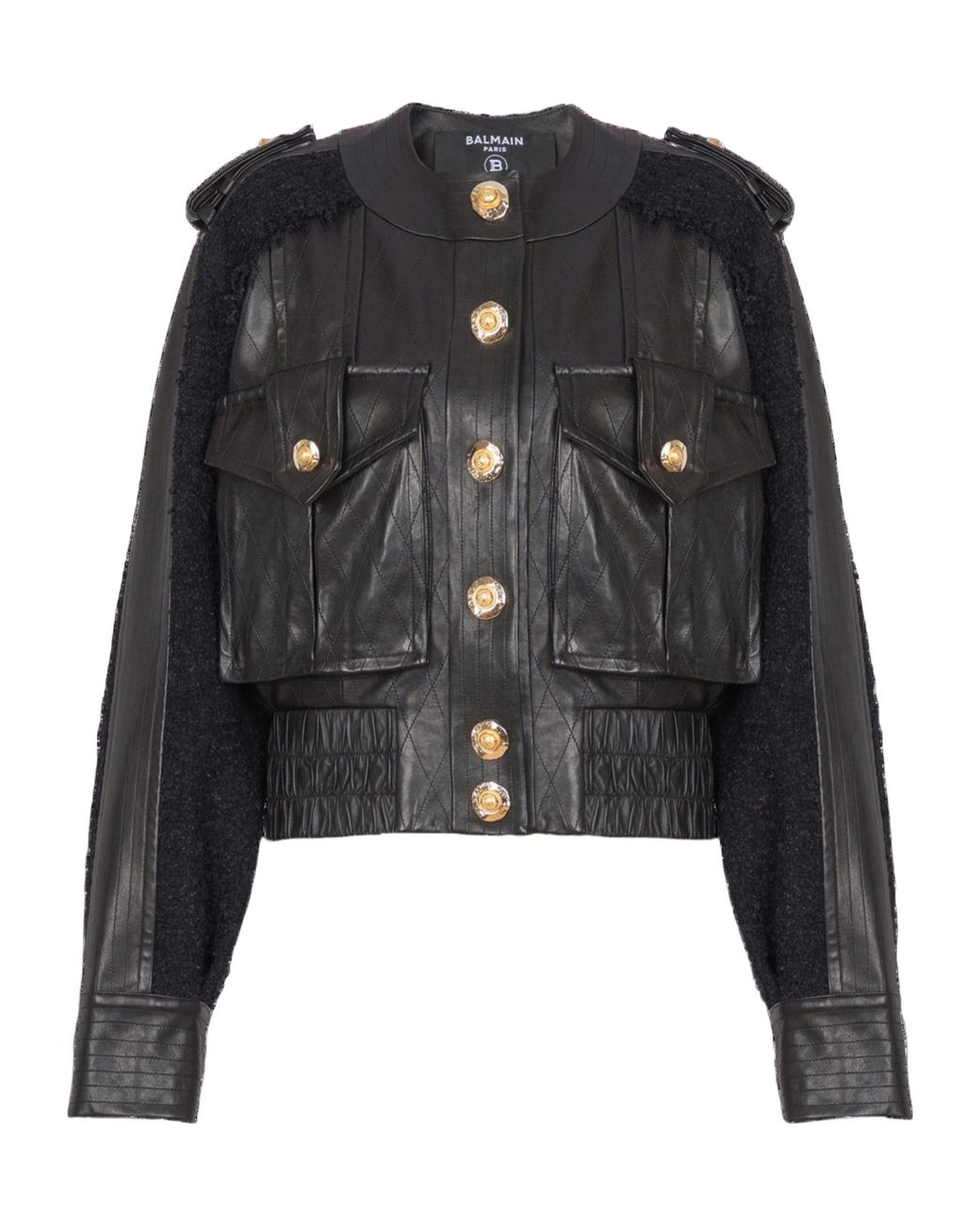 Balmain Black Tweed-Trim Leather Jacket