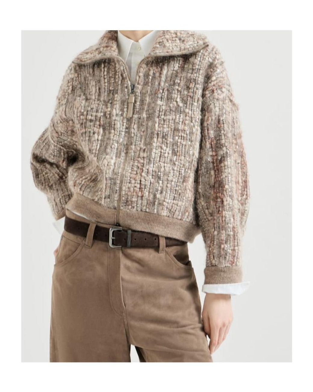 Brunello Cucinelli Brown Embellished Zip-Up Jacket