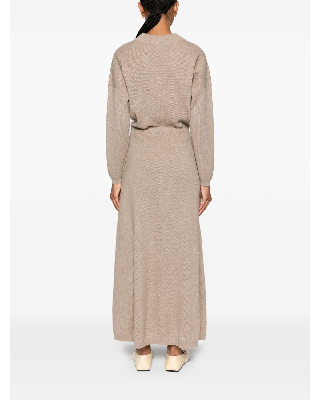 Brunello Cucinelli Natural V-Neck Knitted Maxi Dress