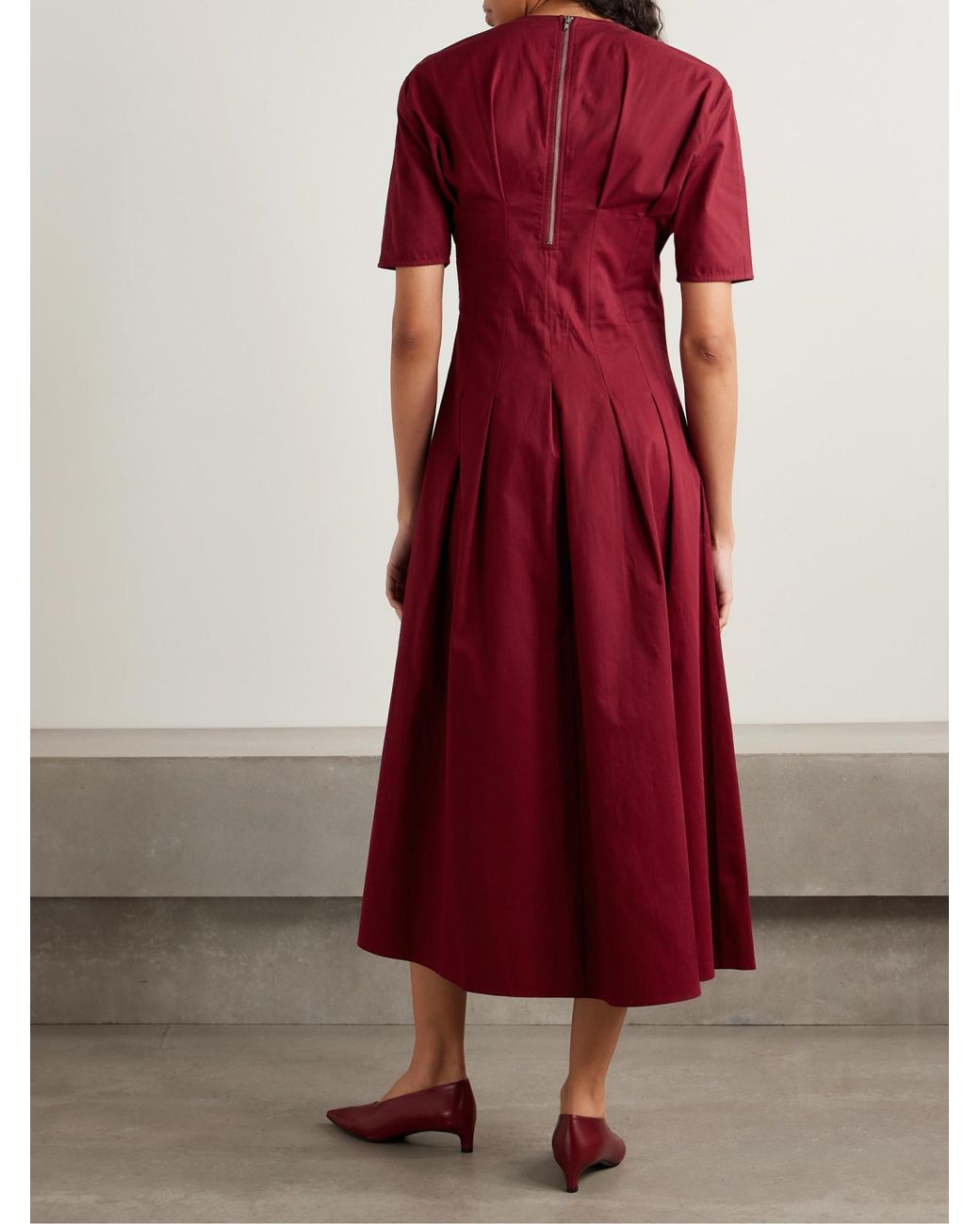 Proenza Schouler Red Ainsley Pleated Brushed Cotton-Blend Twill Midi Dress