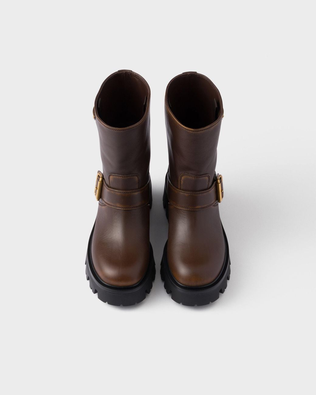 Prada Brown Logo Plaque Buckled Boots