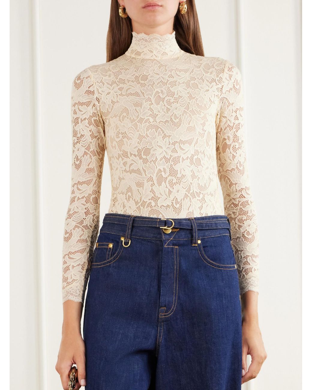 Zimmermann White Corded Lace Jersey Turtleneck Bodysuit