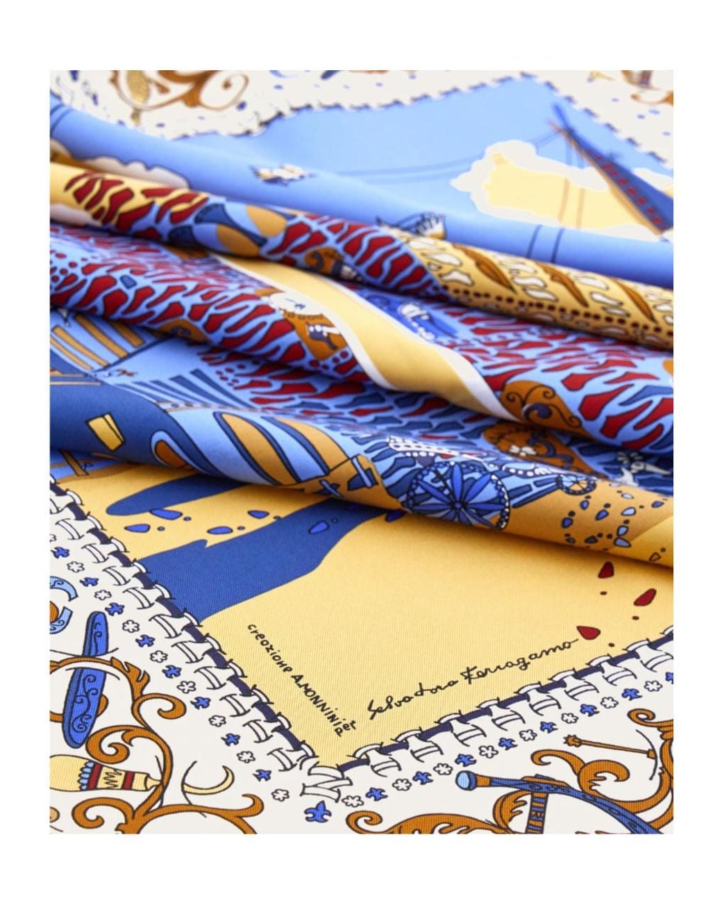 Ferragamo Blue Printed Silk Scarf