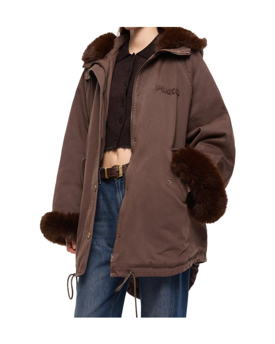 Pinko Brown Patria Faux Fur Trim Parka Coat