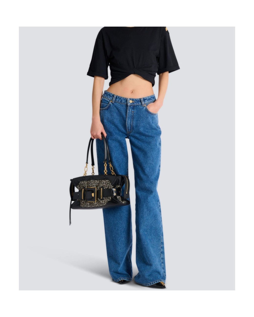 Balmain Black Leather And Monogram Jacquard Anthem Bag