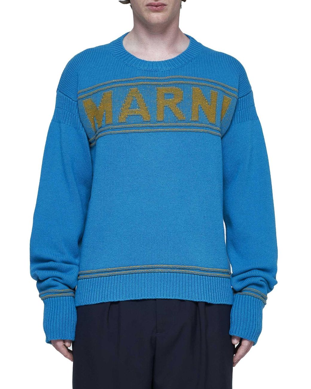 Marni Blue Logo Intarsia-Knit Jumper for men