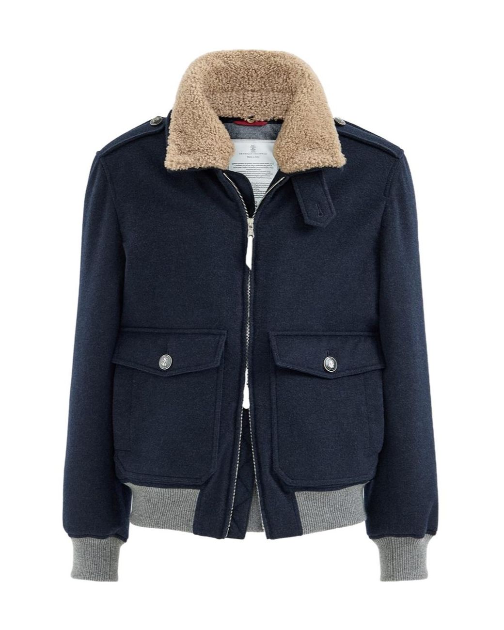 Brunello Cucinelli Blue Bonded Cashmere Beaver Cloth Bomber Jacket With Thermore Padding And Detachable Shearling Collar for men