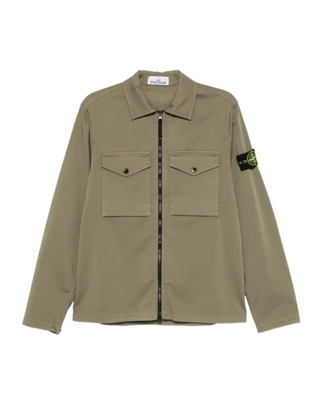 Stone Island Green Logo-Patch Zip-Up Cotton Shirt for men