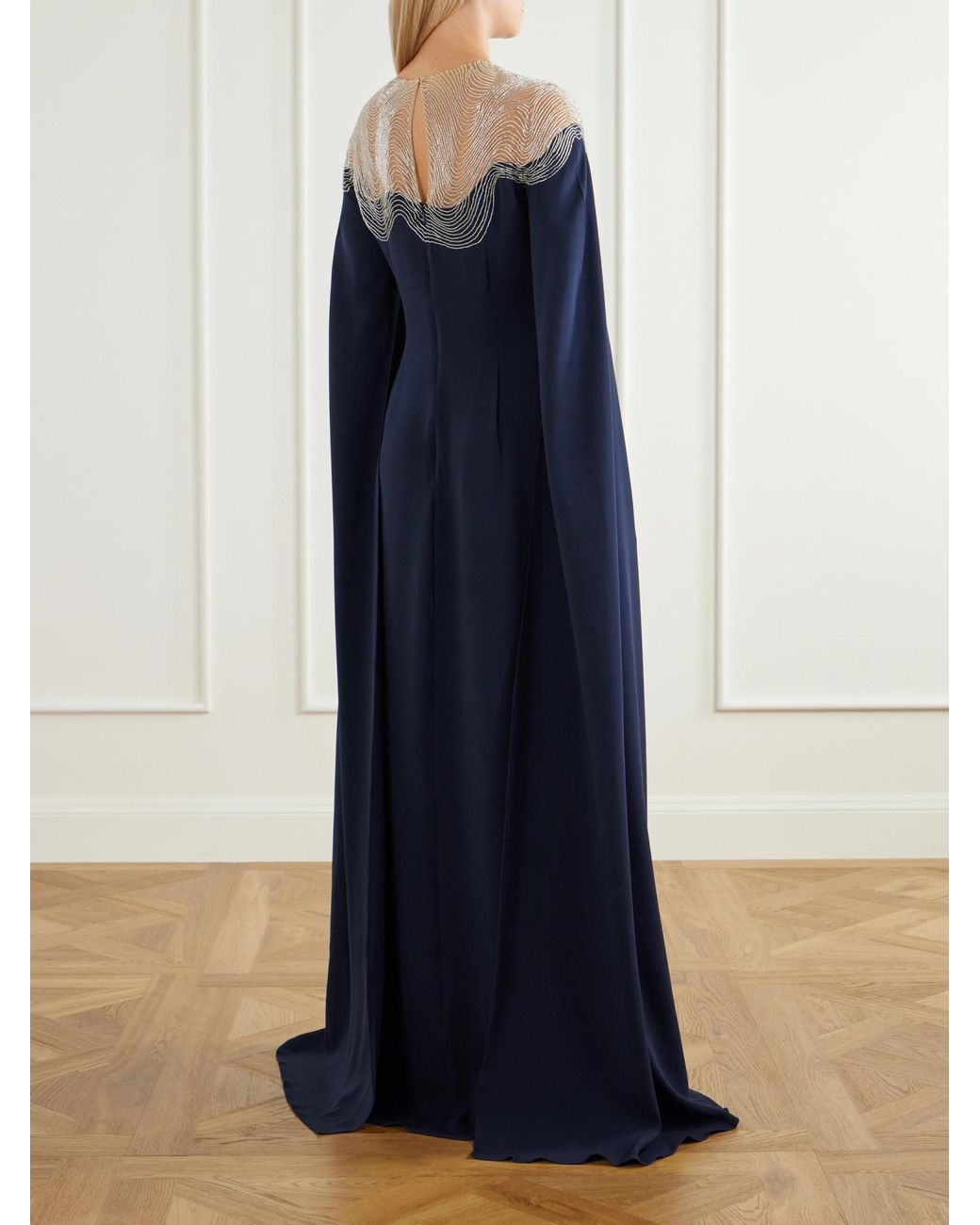 Oscar de la Renta Blue Embellished Stretch-Silk Georgette Gown