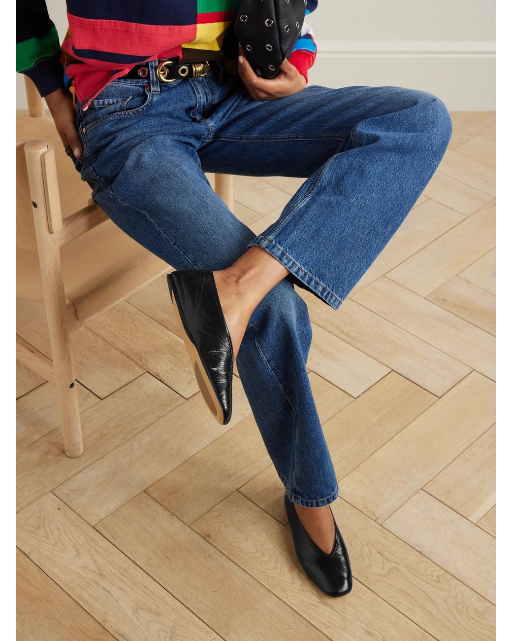 Le Monde Beryl Black Luna Crinkled-Leather Ballet Flats