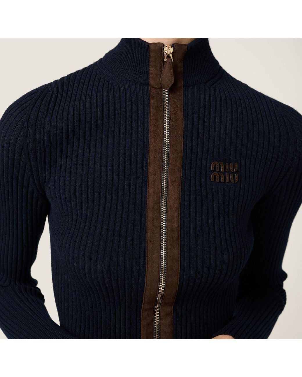 Miu Miu Blue Cashmere And Leather Zipper Cardigan