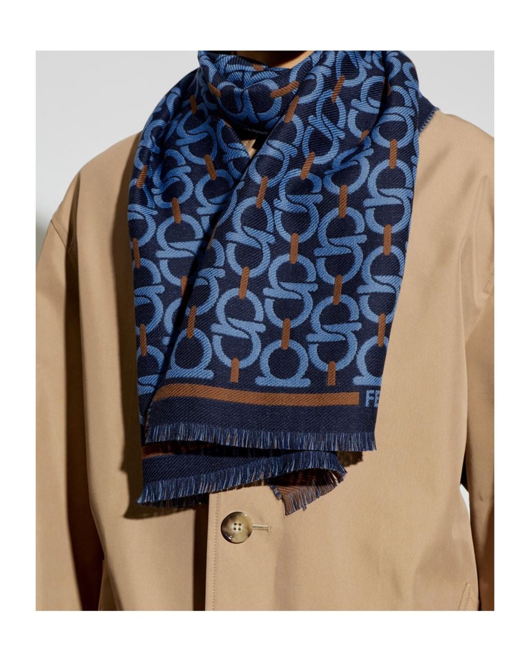 Ferragamo Blue Ferragamo Gancini Pattern Fringed Scarf for men
