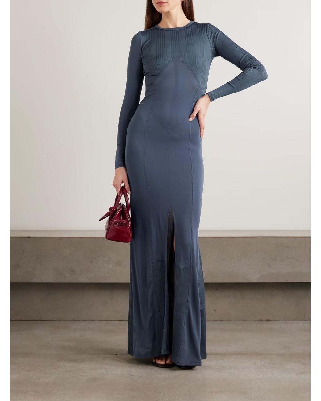 Jean Paul Gaultier Blue Patchwork Ribbed Stretch Knit Long Dress