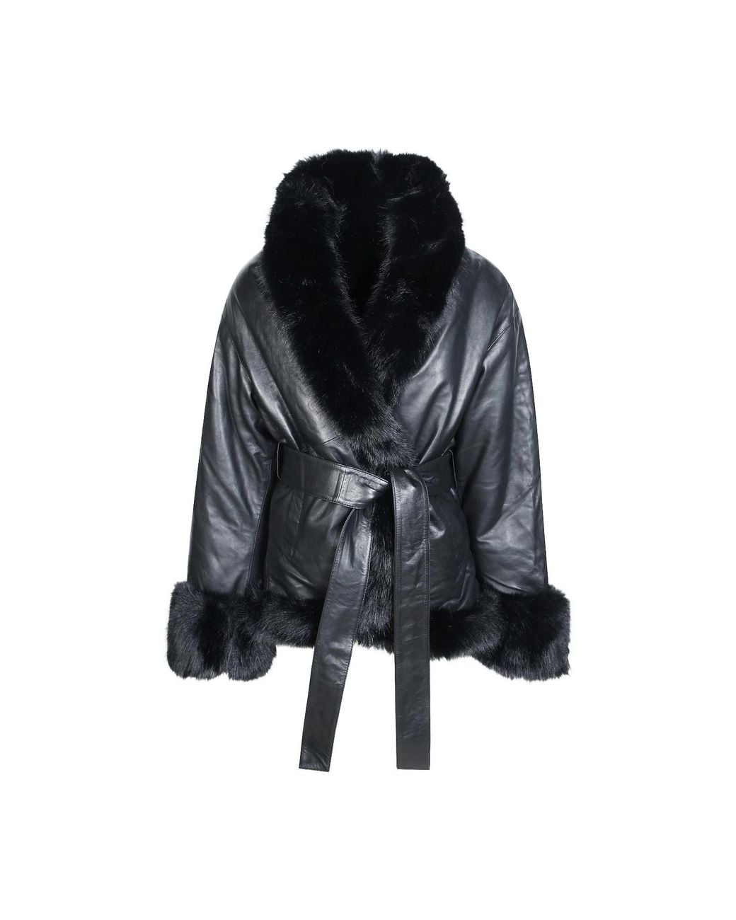 ROTATE BIRGER CHRISTENSEN Black Belted Faux Fur Trim Leather Jacket