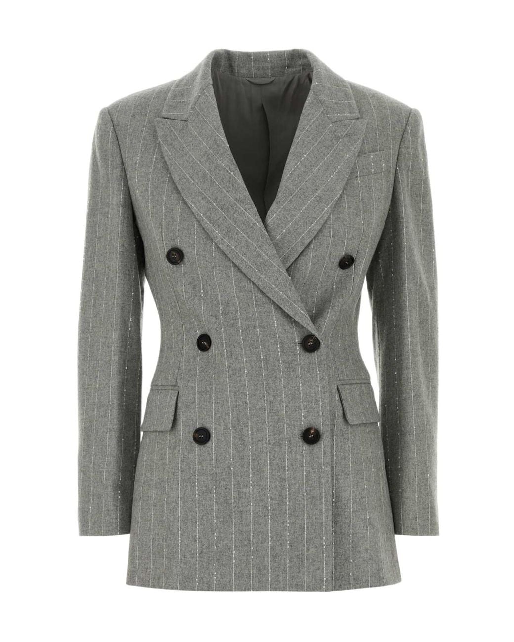 Brunello Cucinelli Gray Double-Breasted Pinstriped Blazer