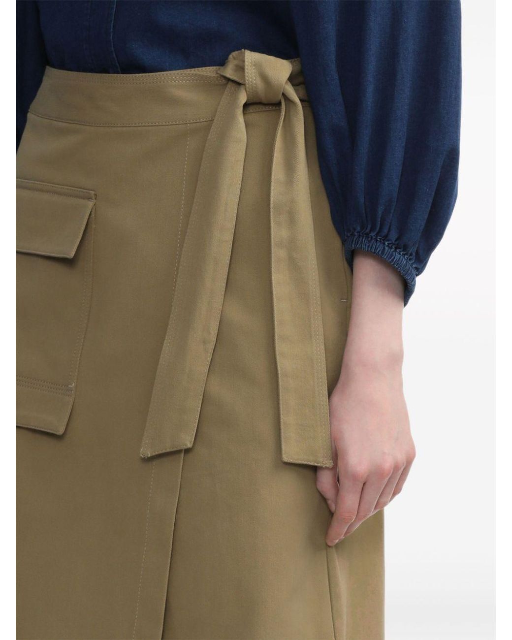 Closed Green Tie-Fastening Cotton Midi Skirt