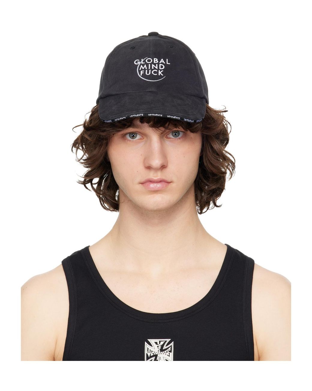 Vetements Black Global Mf Embroidered Text Sticker Cap for men