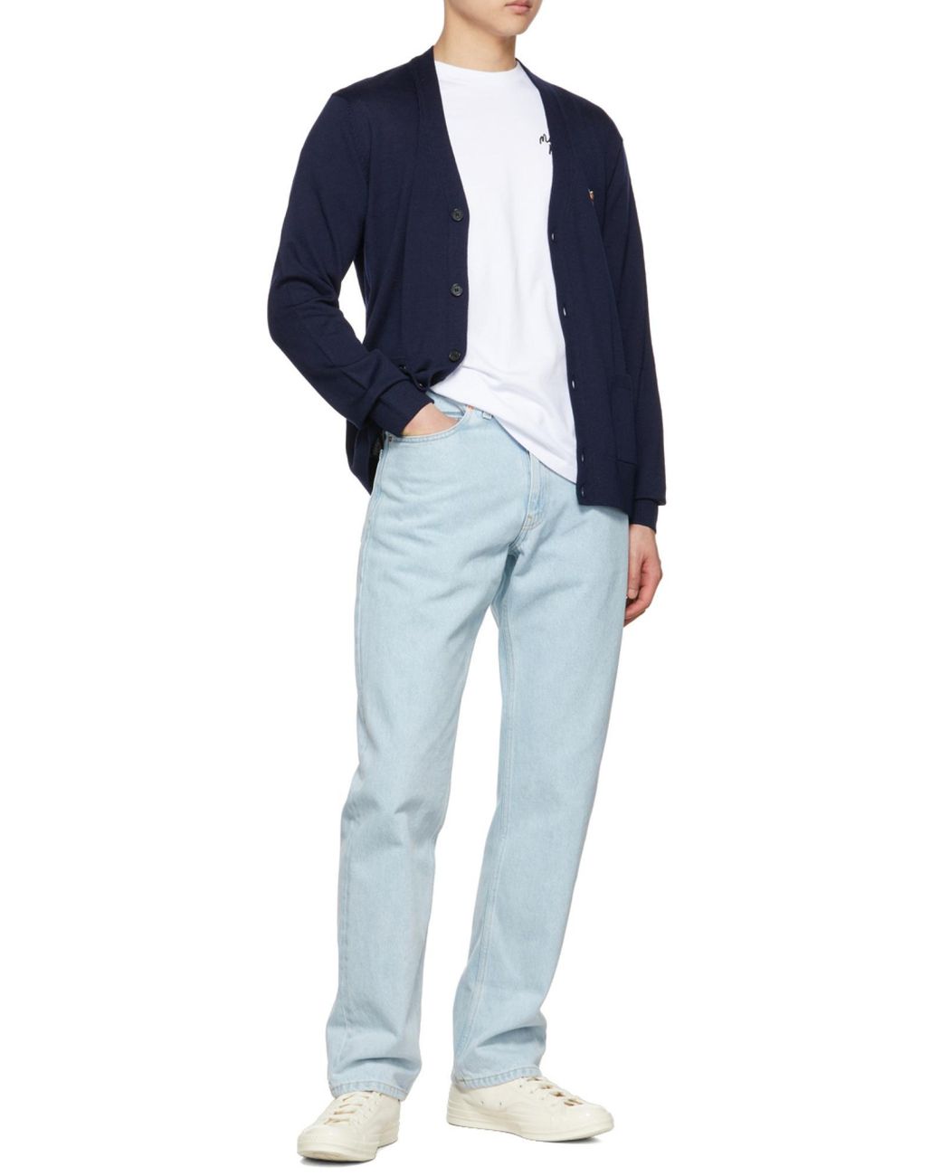 Maison Kitsuné Blue Maison Kitsuné V-Neck Long-Sleeved Cardigan for men