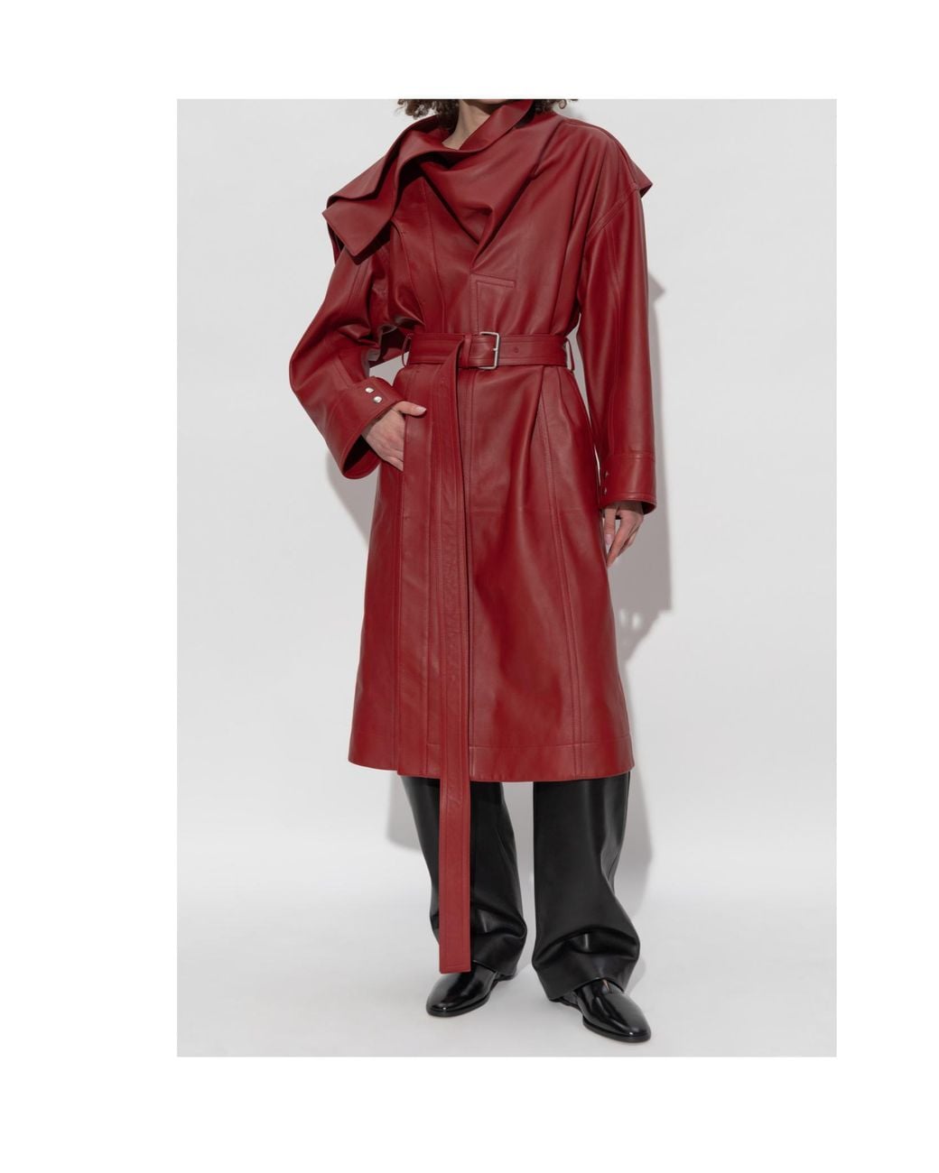 Bottega Veneta Red Belted Waist Leather Coat