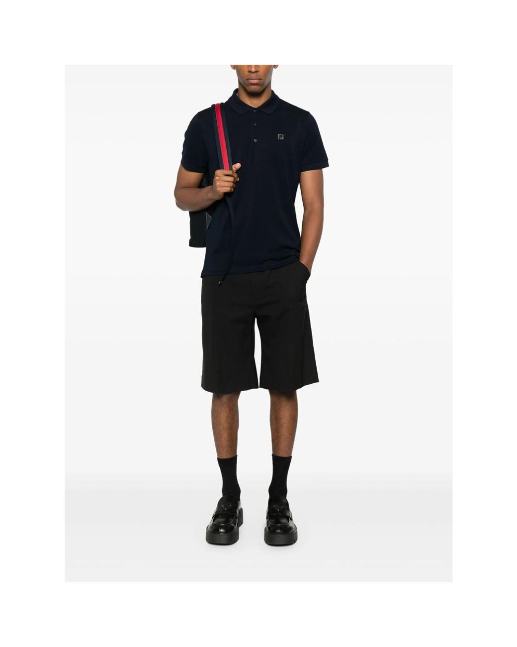 Fendi Blue Logo Plaque Short-Sleeved Polo Shirt for men