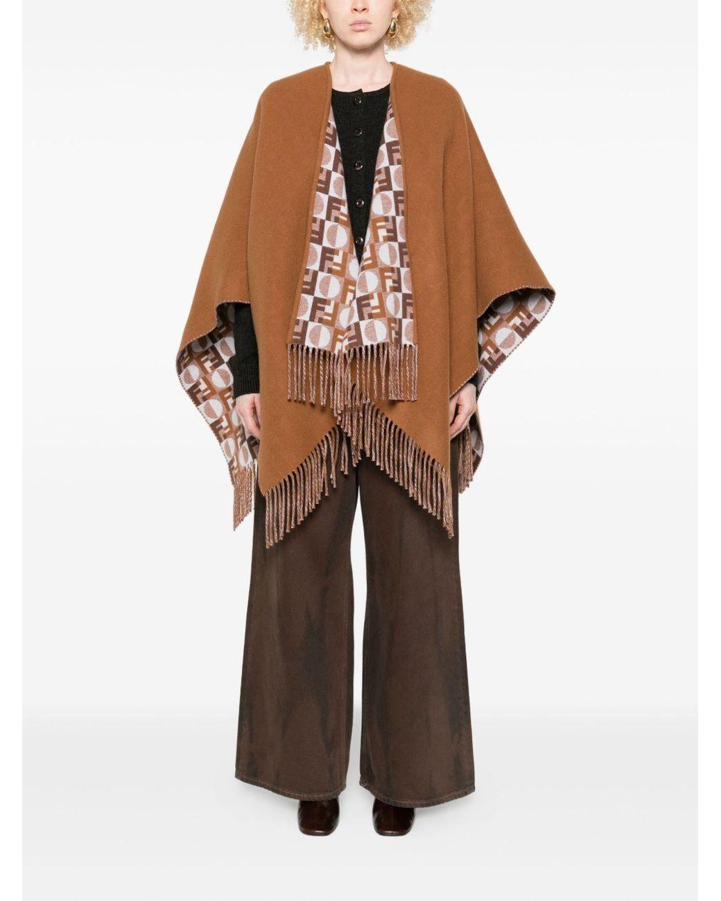 Fendi Brown Ff Jacquard Fringed-Edge Cape