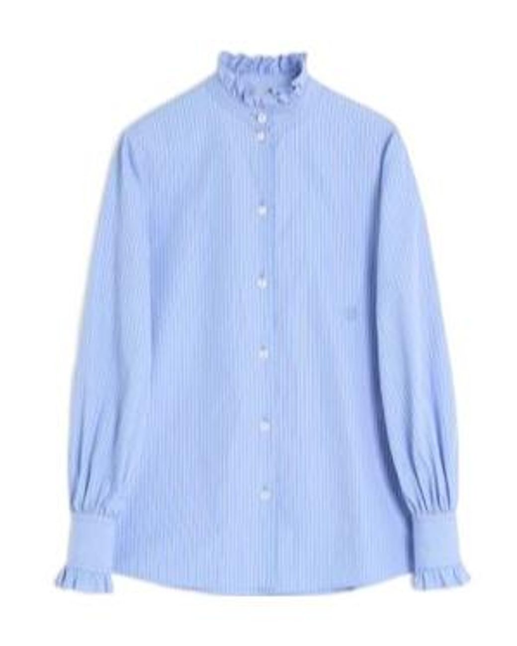 Valentino Blue Ruffled-Trim Striped Button-Up Shirt