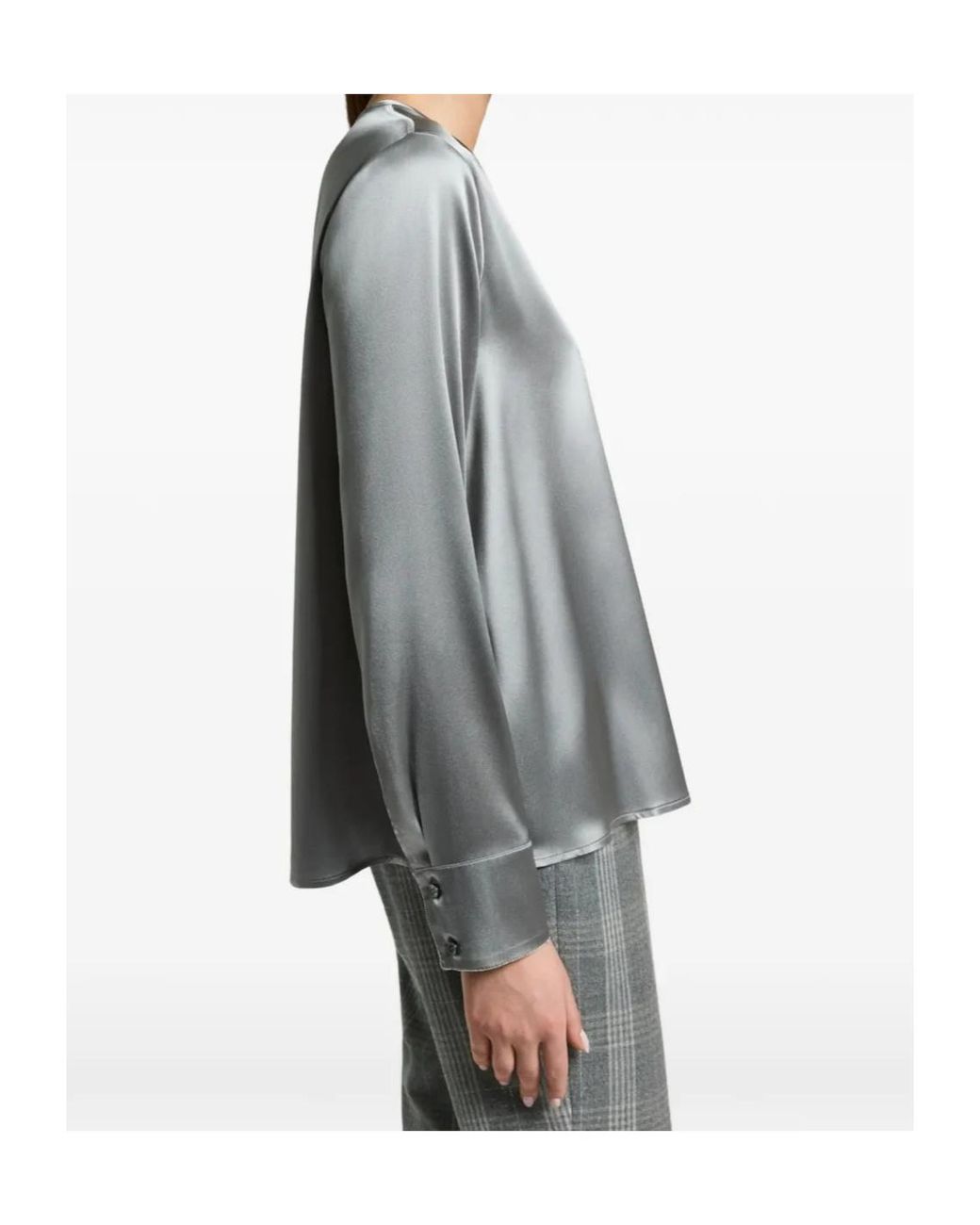 Peserico Gray Beaded-Cuff Silk Blouse
