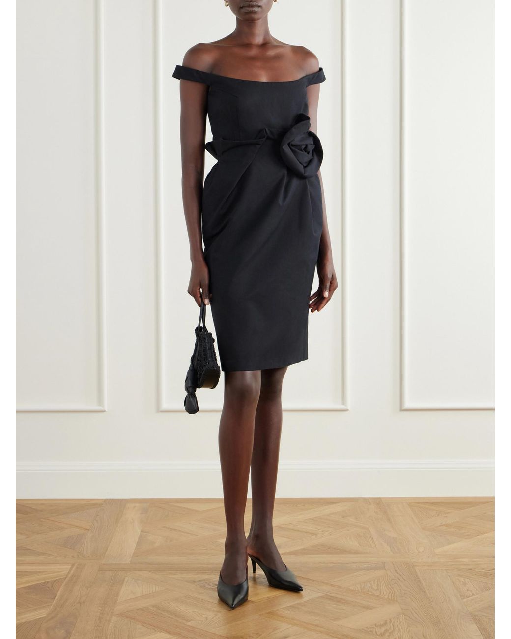 Magda Butrym Black Floral-Appliquéd Off-The-Shoulder Cotton Midi Dress