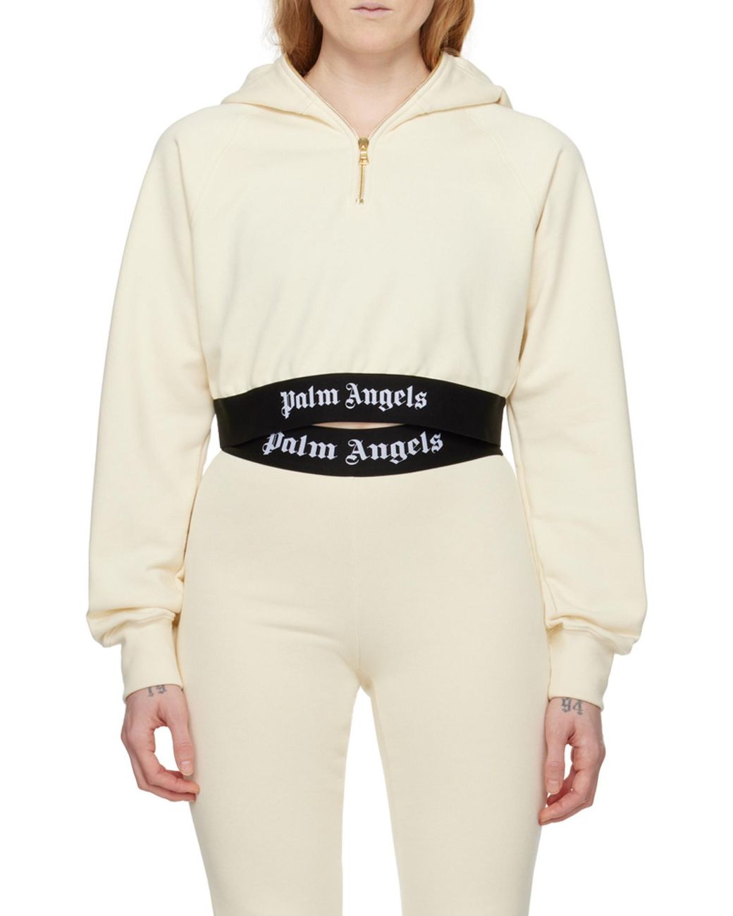 Palm Angels Natural Logo Waist Cropped Sweatshirt