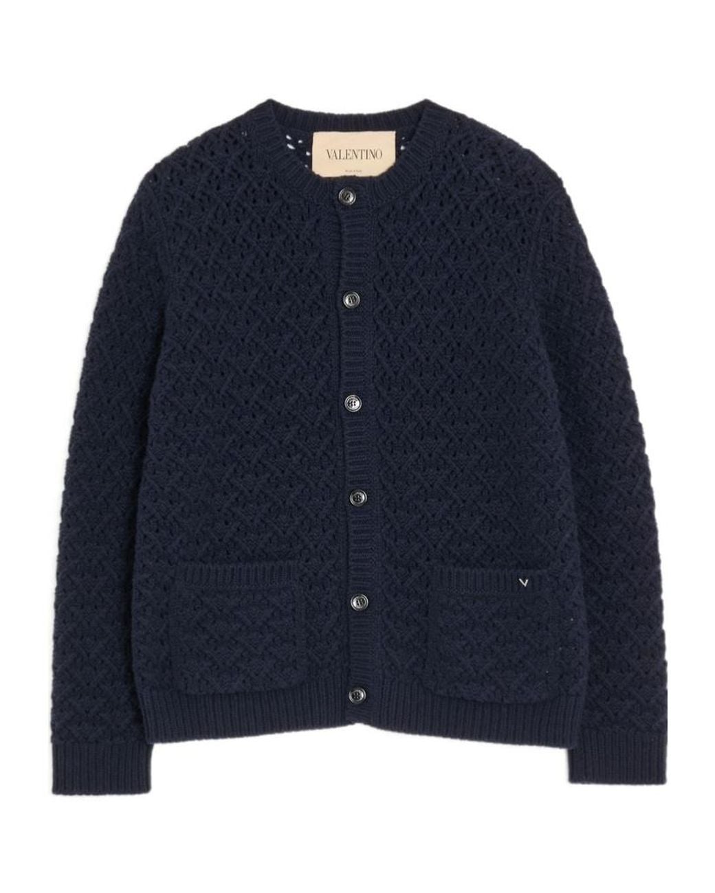 Valentino Blue Wool And Cashmere Cardigan With Metallic V Detail for men