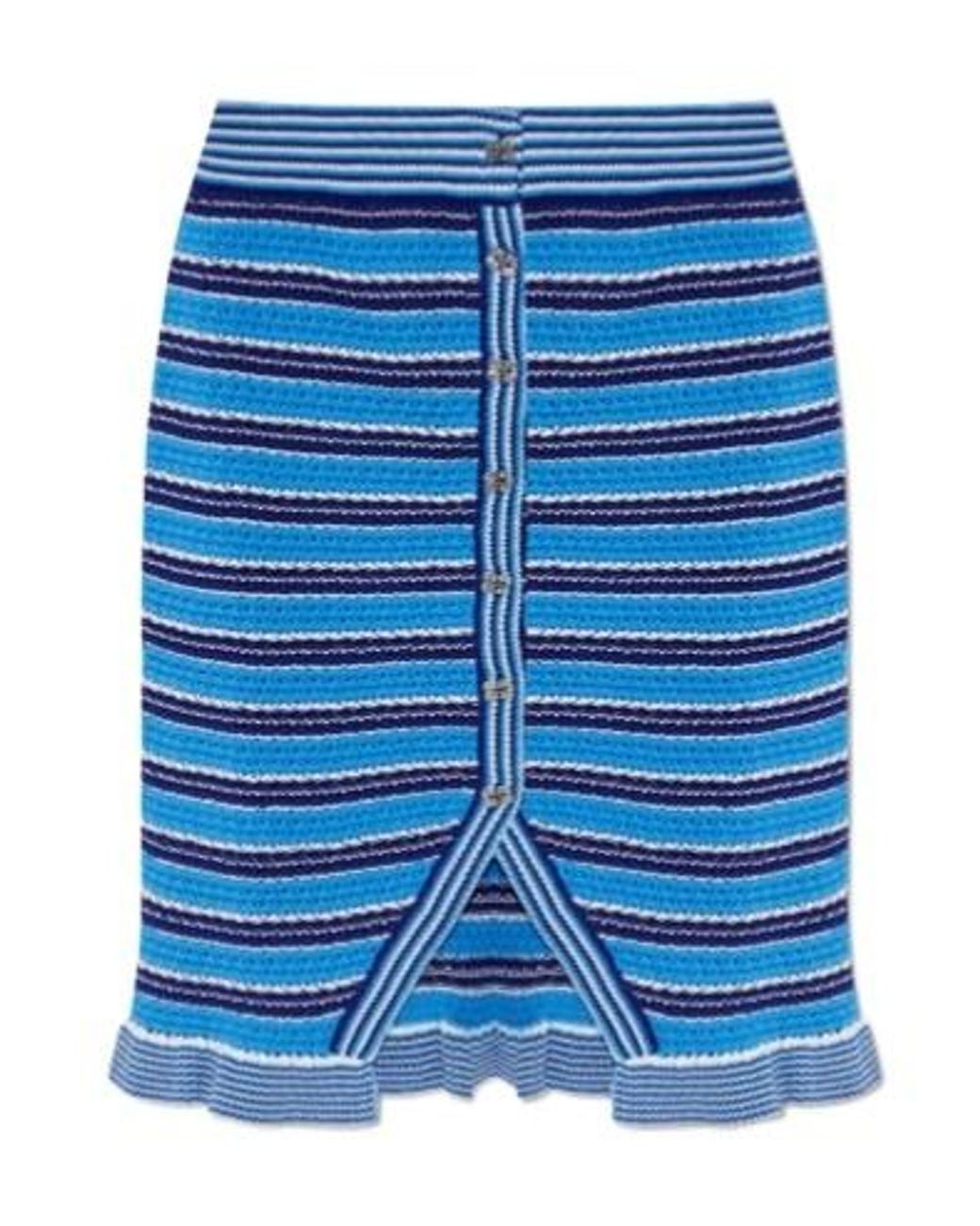 Ganni Blue Striped Ruffled Midi Skirt