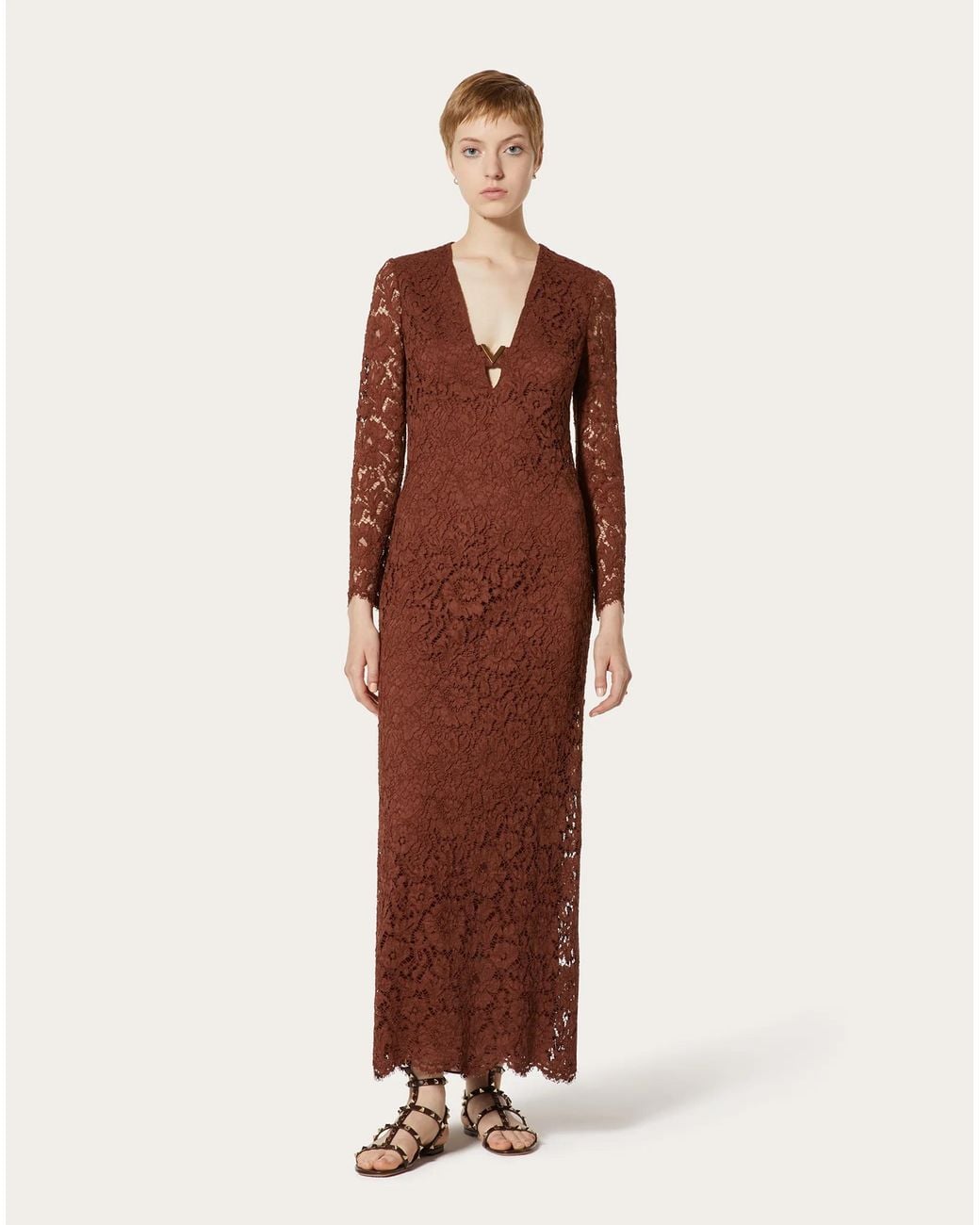 Valentino Brown Floral-Lace Long-Sleeve Long Dress