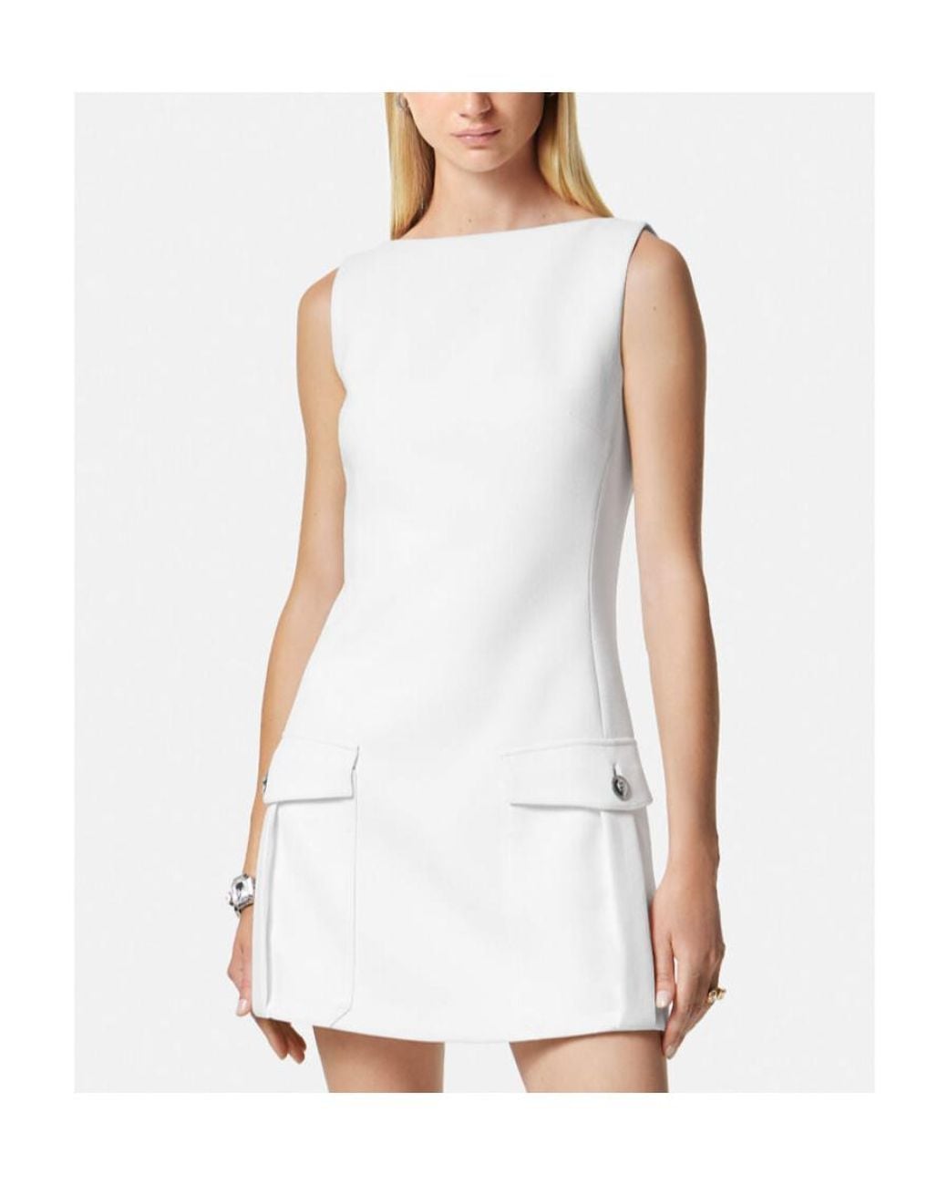 Versace White Medusa Head-Button Sleeveless Mini Dress