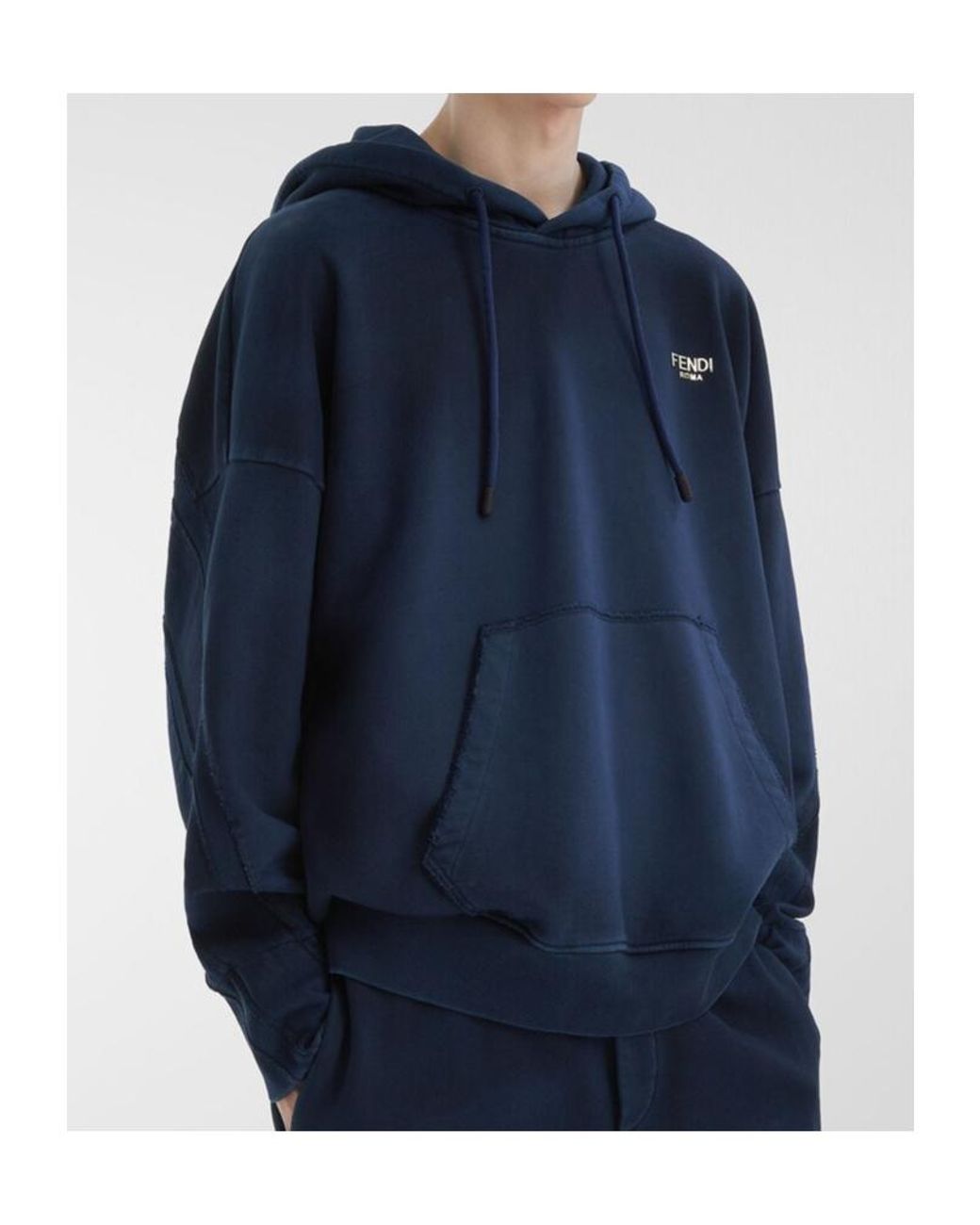 Fendi Blue Logo Lettering Drawstring Hoodie for men