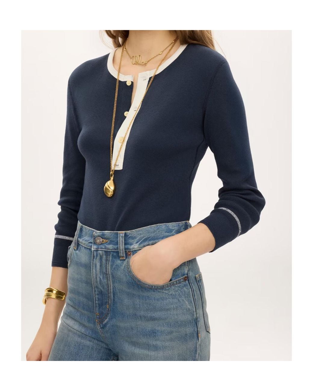 Chloé Blue Chloé Contrast Trim Henley Knitted Sweater