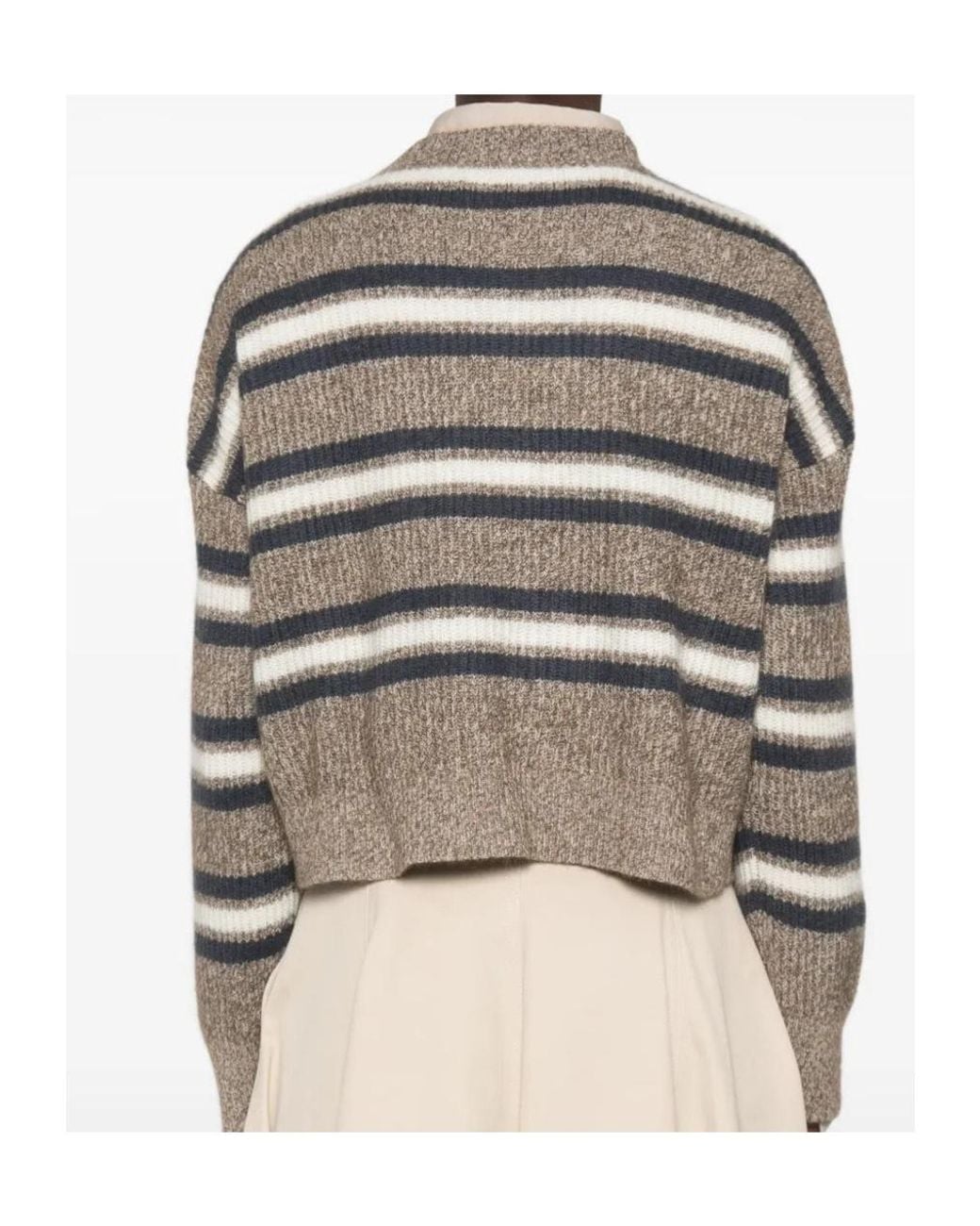 Brunello Cucinelli Gray Striped Crew-Neck Sweater