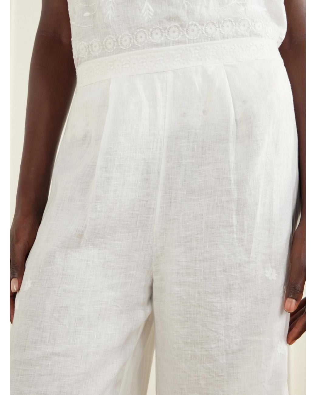 Eres White Embroidered Linen Straight-Leg Pants