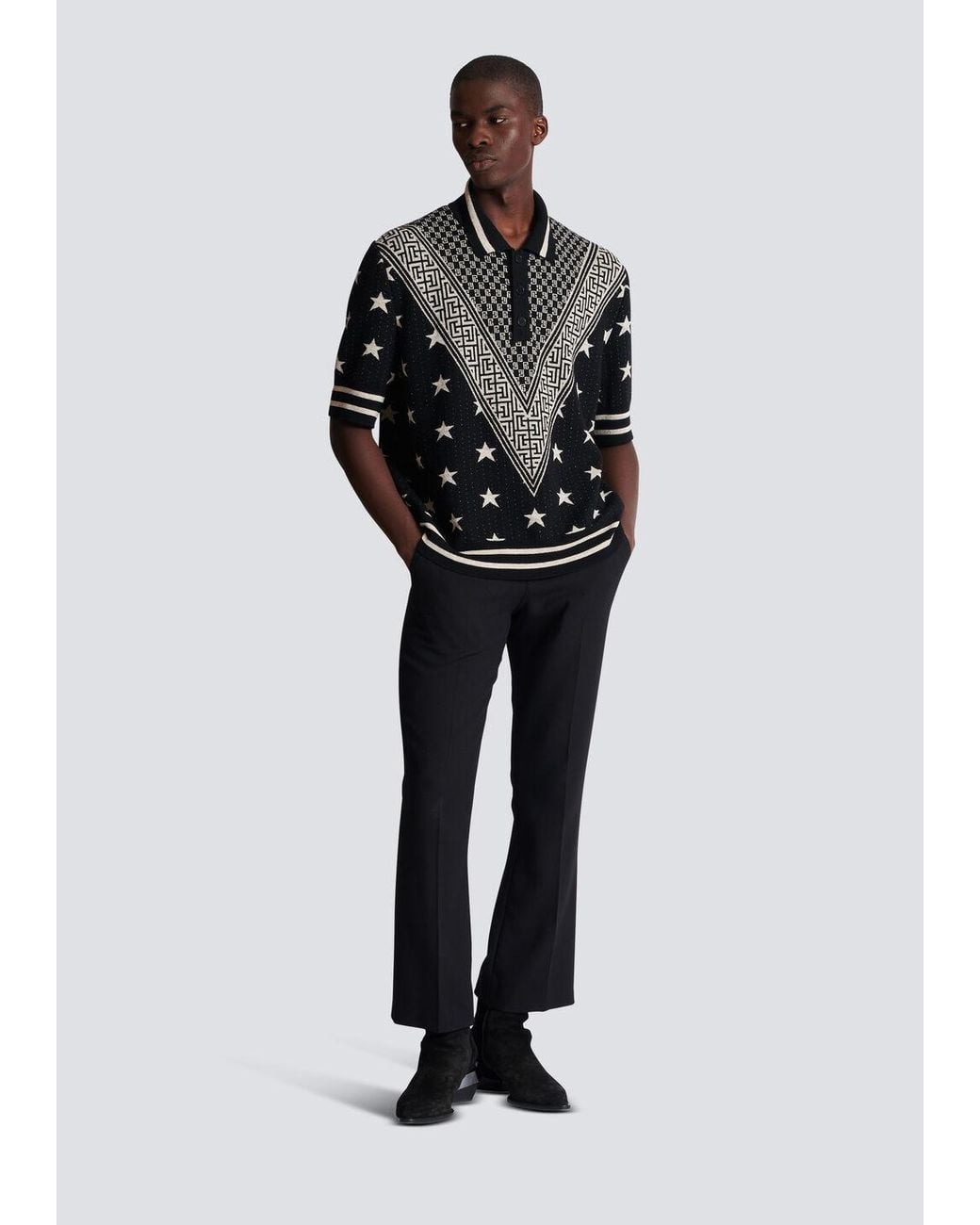 Balmain Black Monogram Stars Polo Shirt for men