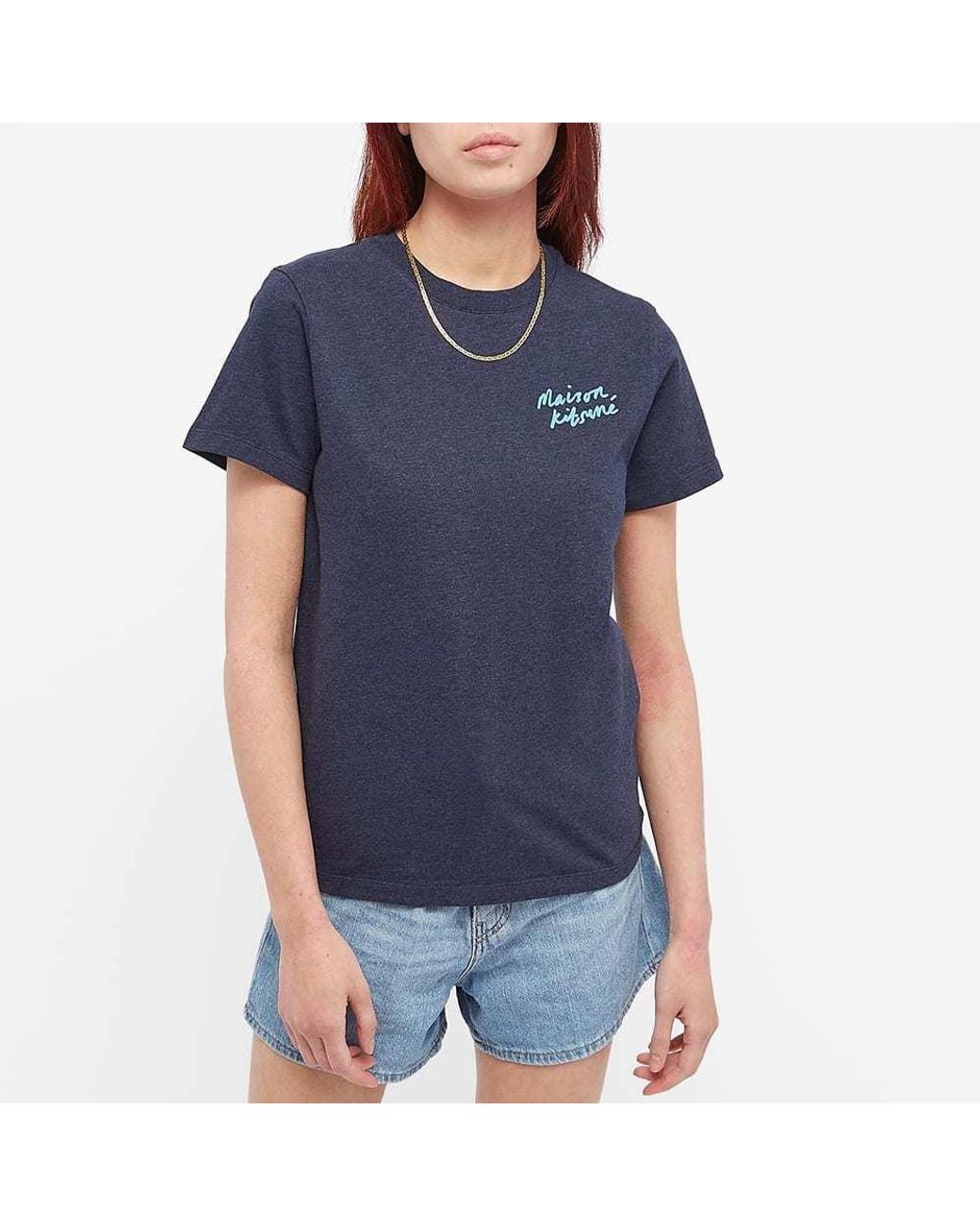 Maison Kitsuné Blue Maison Kitsuné Mini Handwriting Logo Print T-Shirt