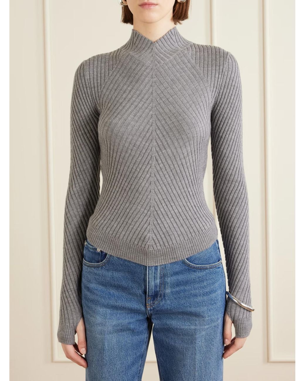 Victoria Beckham Gray Georgia Ribbed Merino Wool Sweater