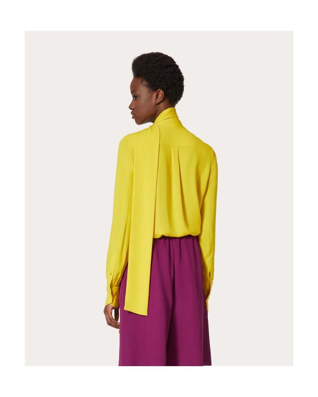 Valentino Yellow Pussy-Bow Collar Silk Shirt