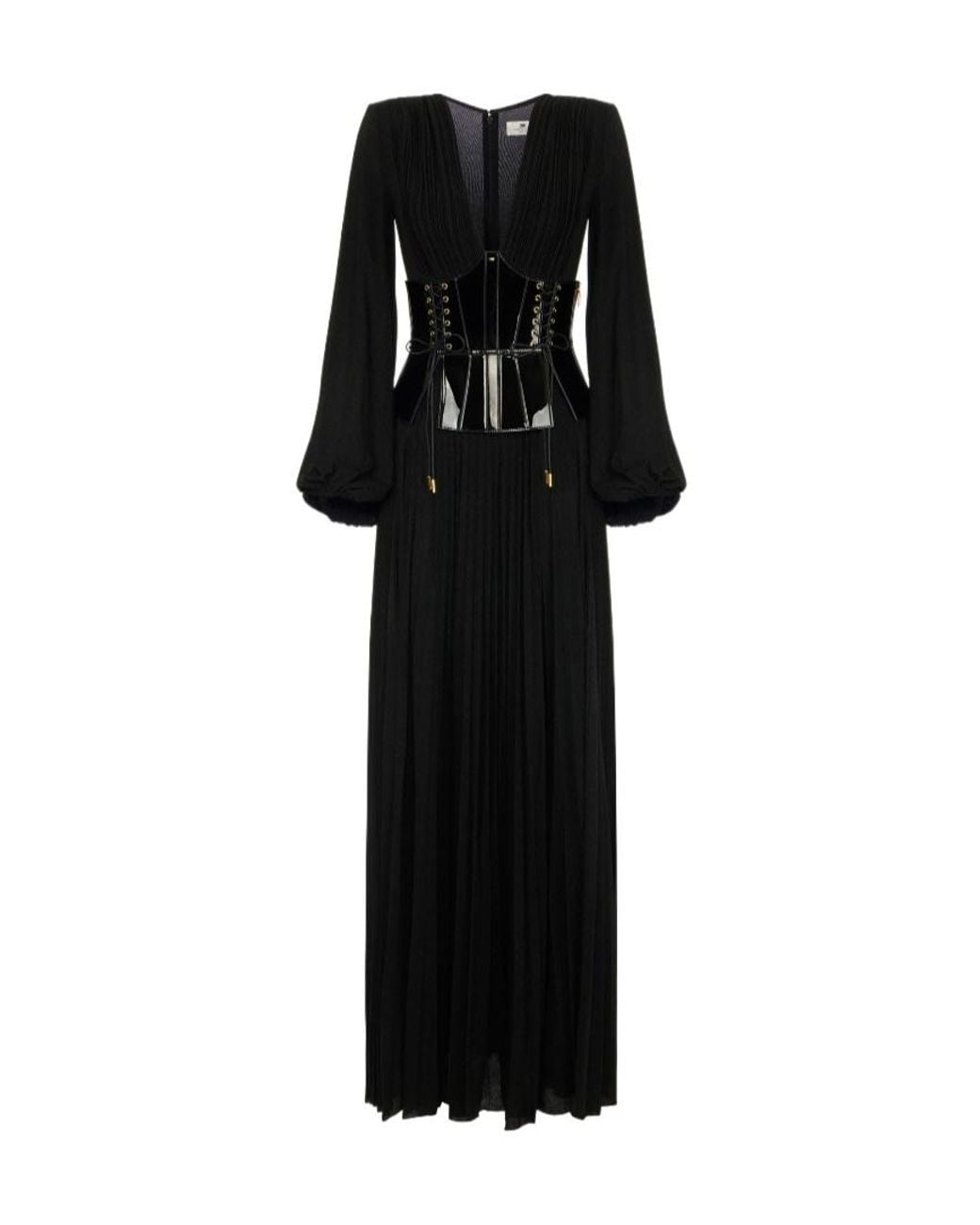 Elisabetta Franchi Black Pleated Corset Maxi Dress