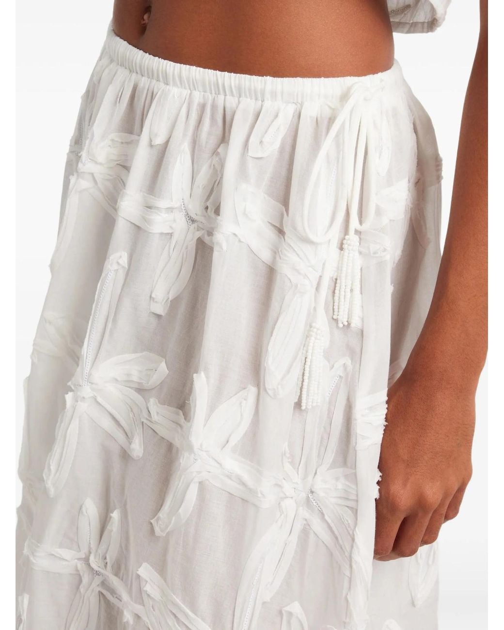 Farm Rio White Floral-Appliqué Long Skirt
