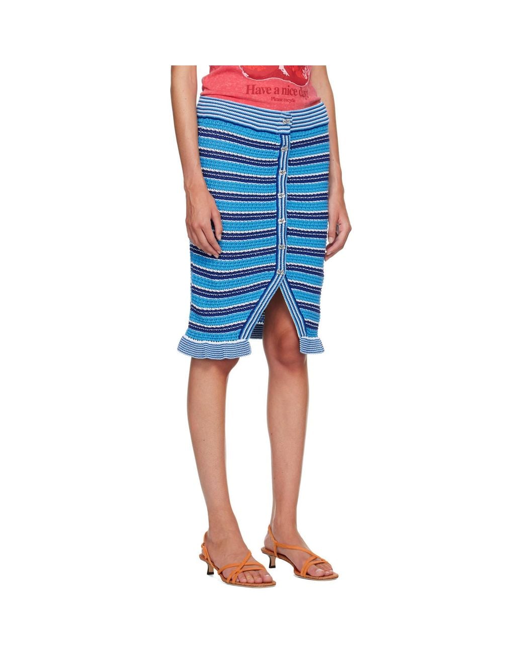 Ganni Blue Striped Ruffled Midi Skirt