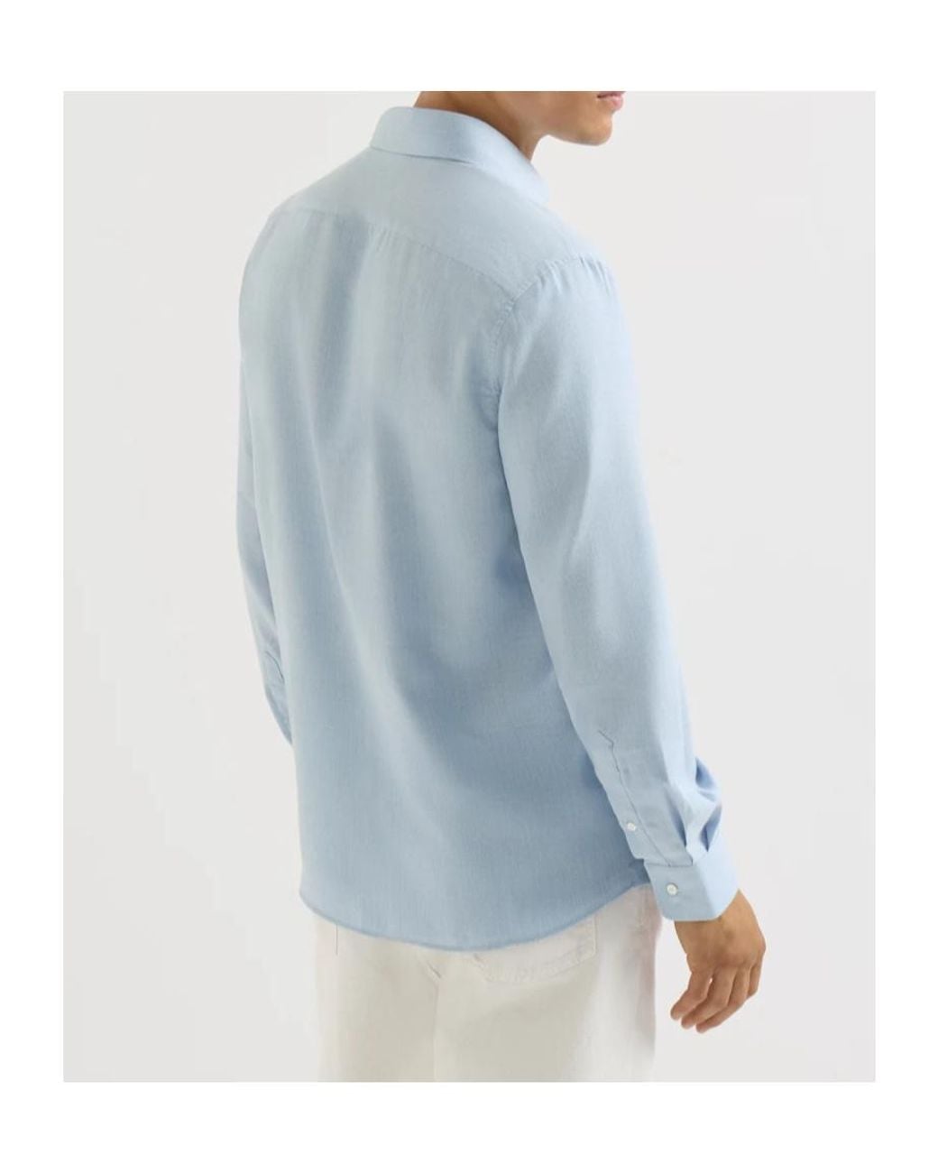 Brunello Cucinelli Blue Cotton And Cashmere Denim-Effect Diagonal Shirt With Spread Collar for men