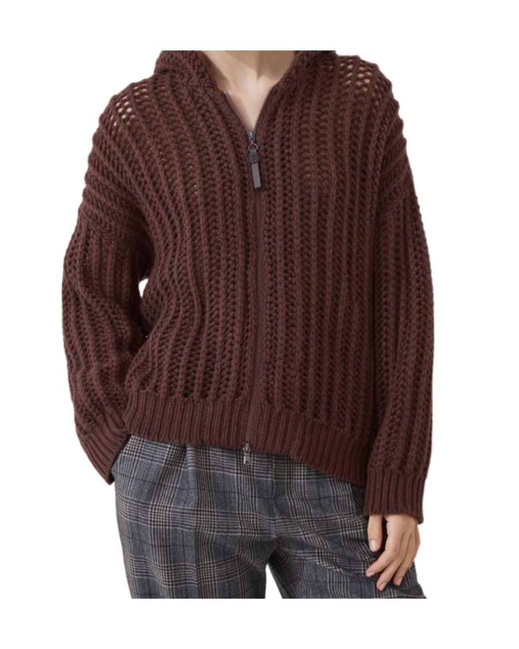 Brunello Cucinelli Brown Openwork Rib Hooded Cardigan