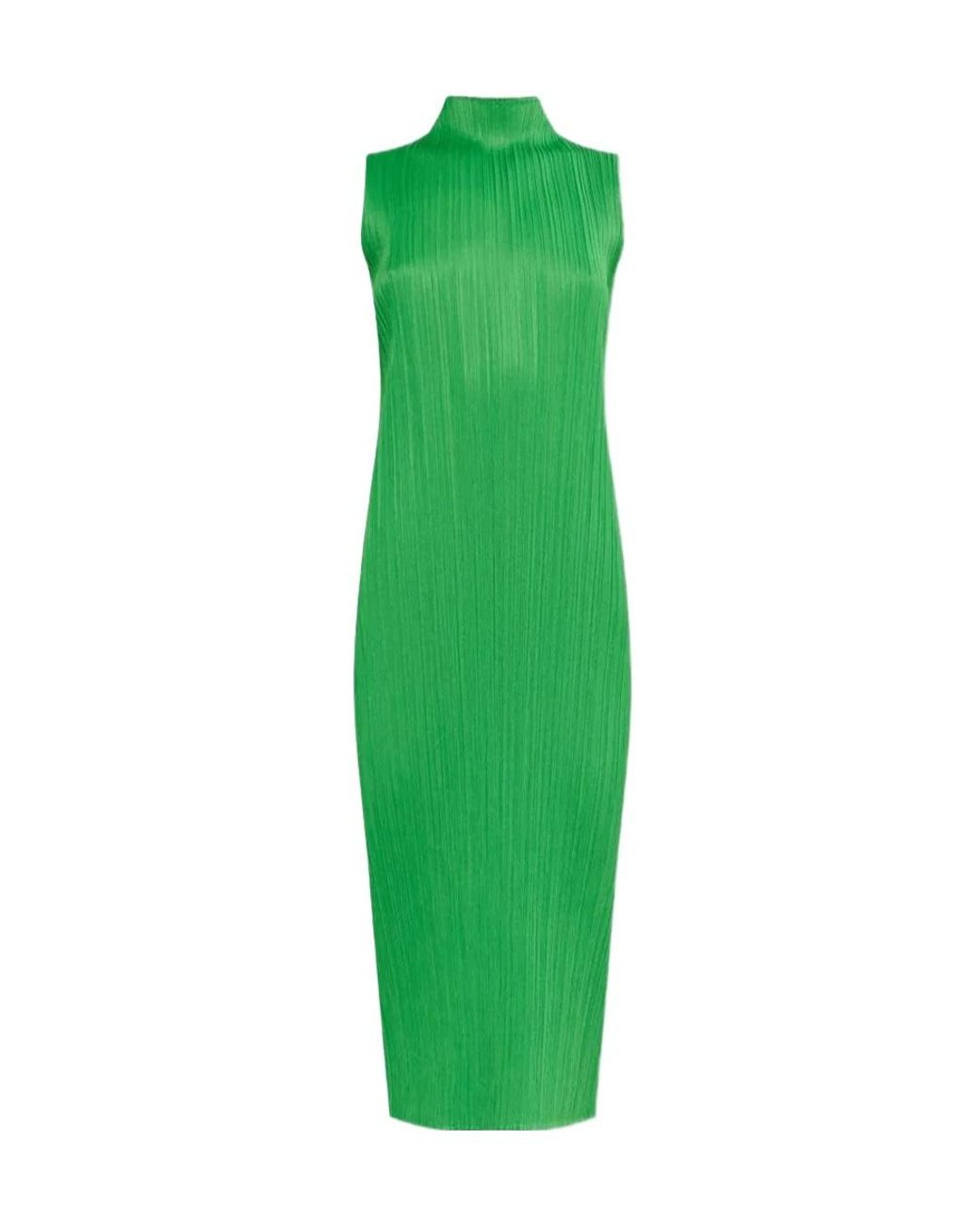 Pleats Please Issey Miyake Green April Pleated Midi Dress